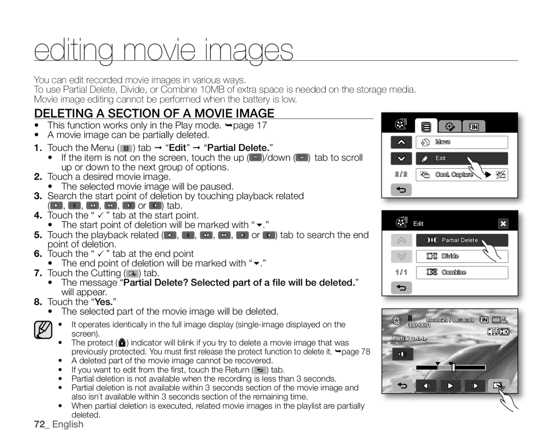 Samsung VP-HMX10CN, VP-HMX10ED, VP-HMX10A, VP-HMX10N user manual Editing movie images, Deleting a Section of a Movie Image 