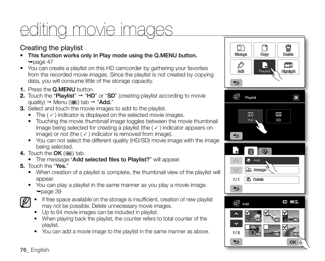 Samsung VP-HMX10ED, VP-HMX10CN, VP-HMX10A, VP-HMX10N user manual Creating the playlist 