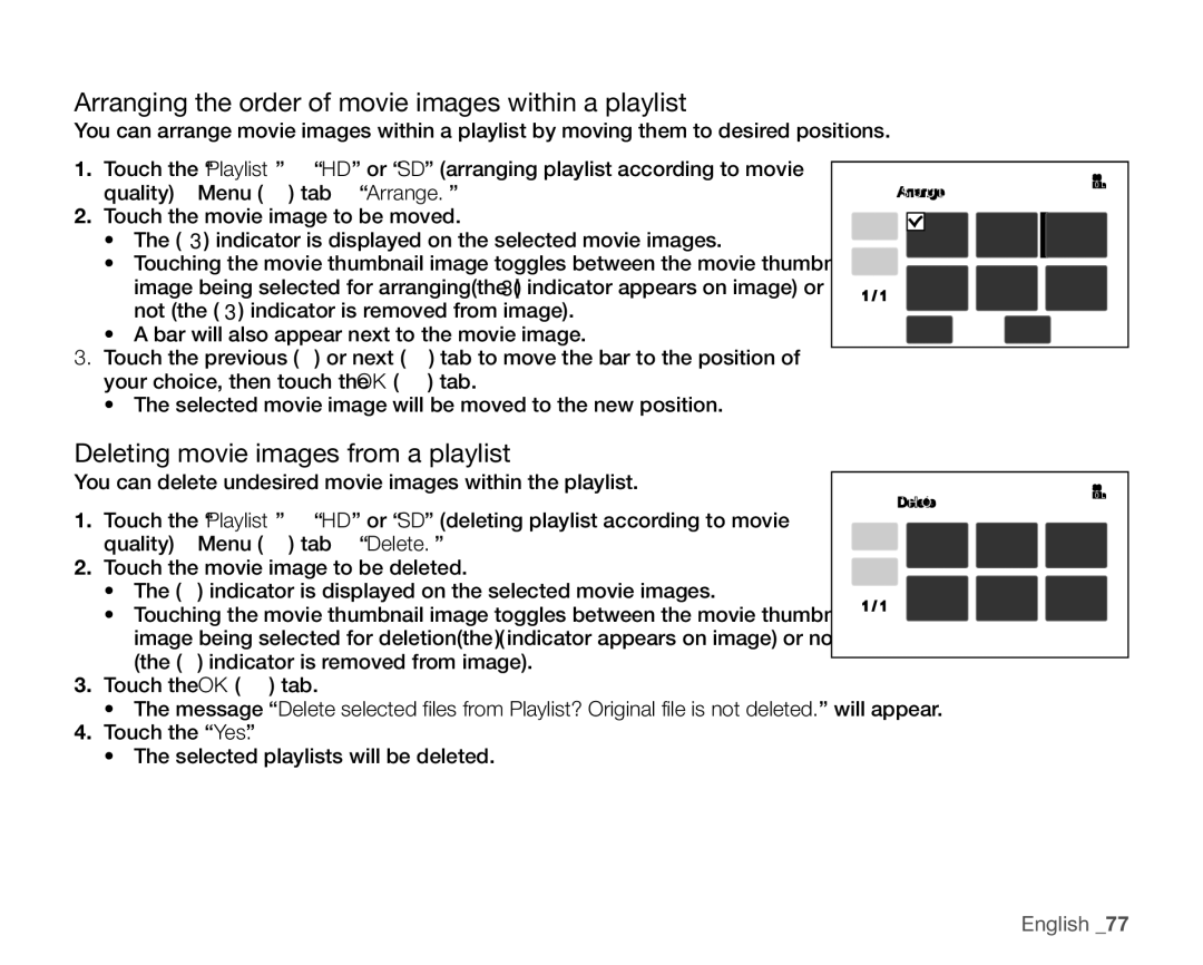 Samsung VP-HMX10ED, VP-HMX10C Arranging the order of movie images within a playlist, Deleting movie images from a playlist 