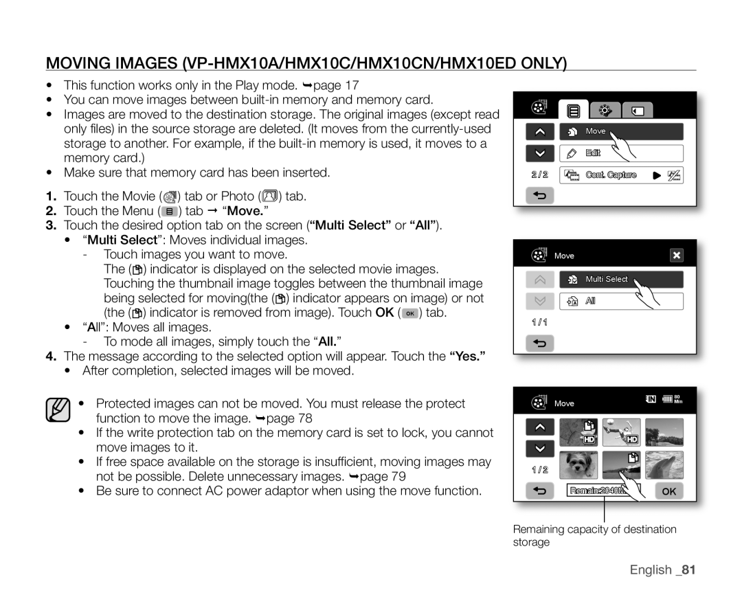 Samsung VP-HMX10N, VP-HMX10ED, VP-HMX10CN user manual Moving Images VP-HMX10A/HMX10C/HMX10CN/HMX10ED only 