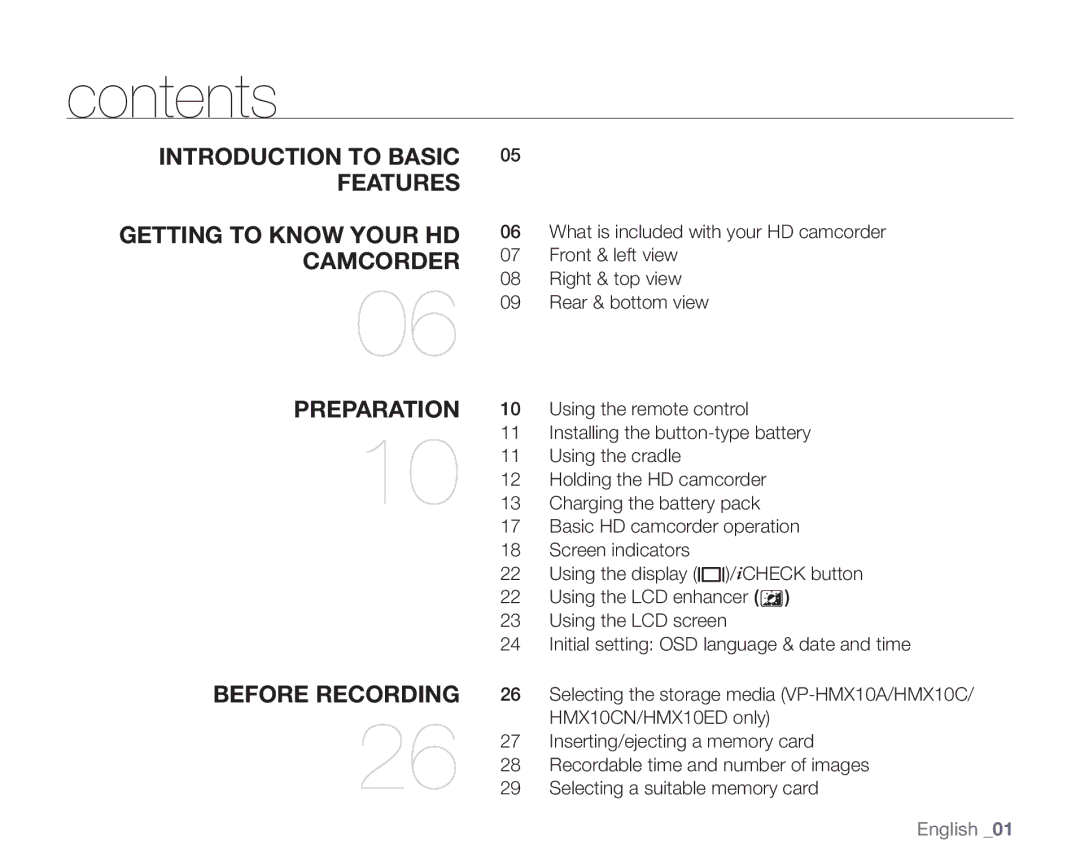 Samsung VP-HMX10ED, VP-HMX10CN, VP-HMX10A, VP-HMX10N user manual Contents 