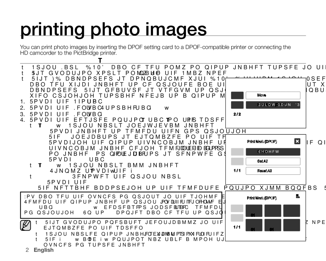 Samsung VP-HMX10ED, VP-HMX10CN, VP-HMX10A Printing photo images, Dpof Print Setting, Touch the Menu Tab  Storage 