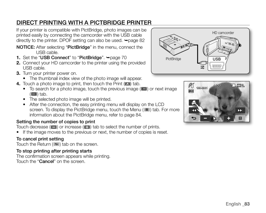 Samsung VP-HMX10ED Direct Printing with a Pictbridge Printer, USB cable Set the USB Connect to PictBridge. page 