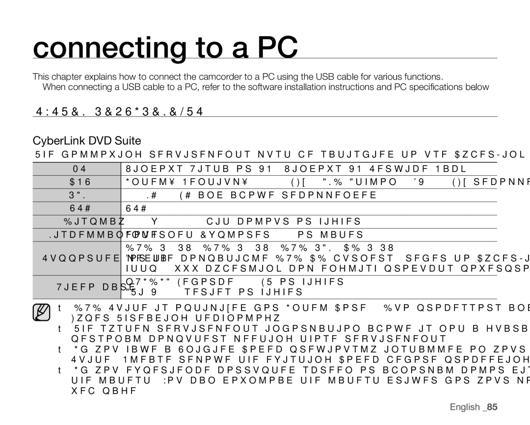 Samsung VP-HMX10 Connecting to a PC, System Requirements, CyberLink DVD Suite, 512 MB 1 GB and above recommended, USB2.0 