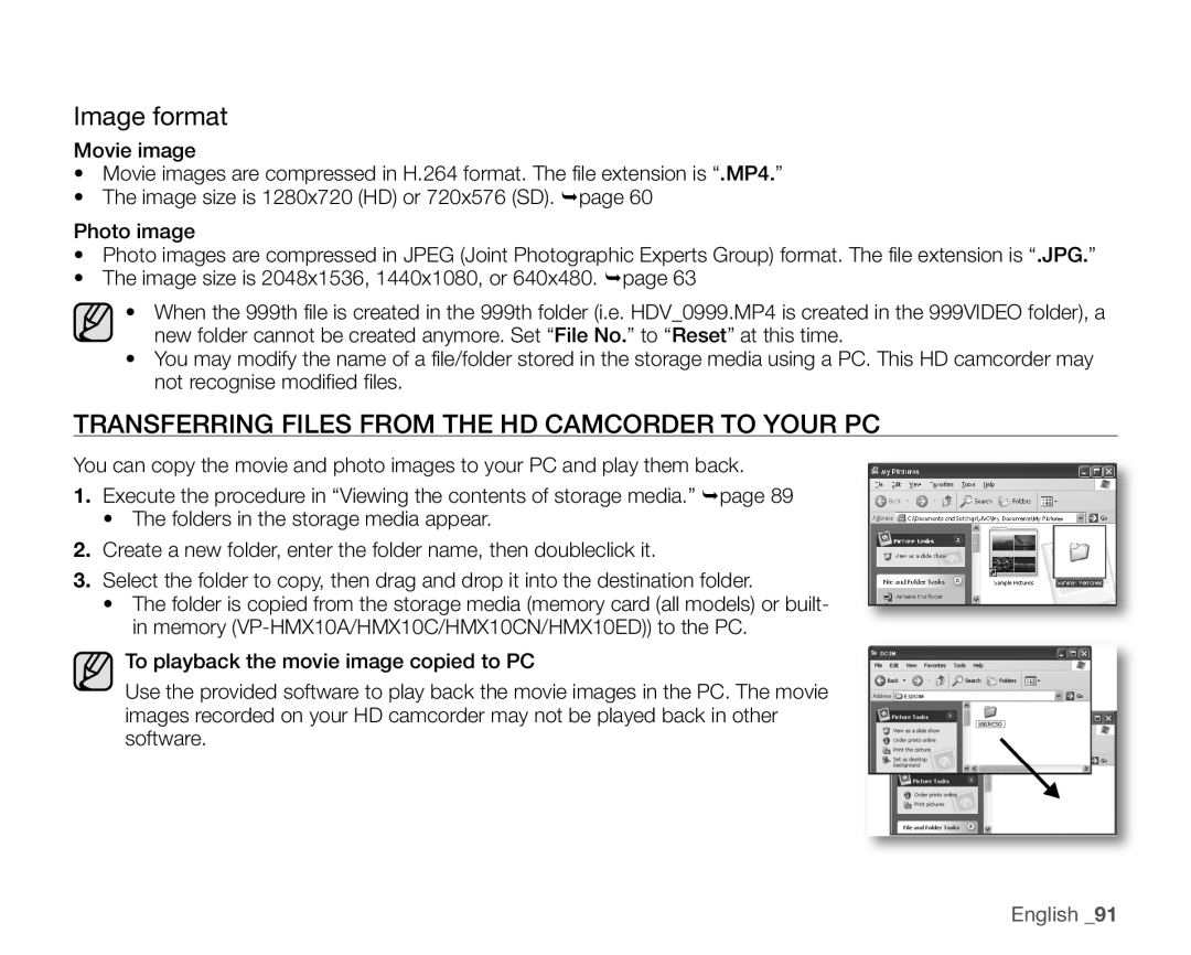 Samsung VP-HMX10ED, VP-HMX10CN, VP-HMX10A, VP-HMX10N Image format, Transferring Files from the HD Camcorder to Your PC 