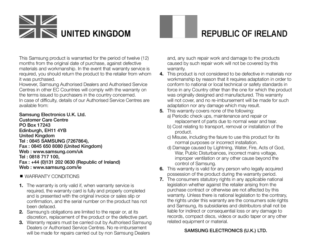 Samsung VP-HMX10N, VP-HMX10ED, VP-HMX10CN, VP-HMX10A user manual United Kingdom, Republic Of Ireland 