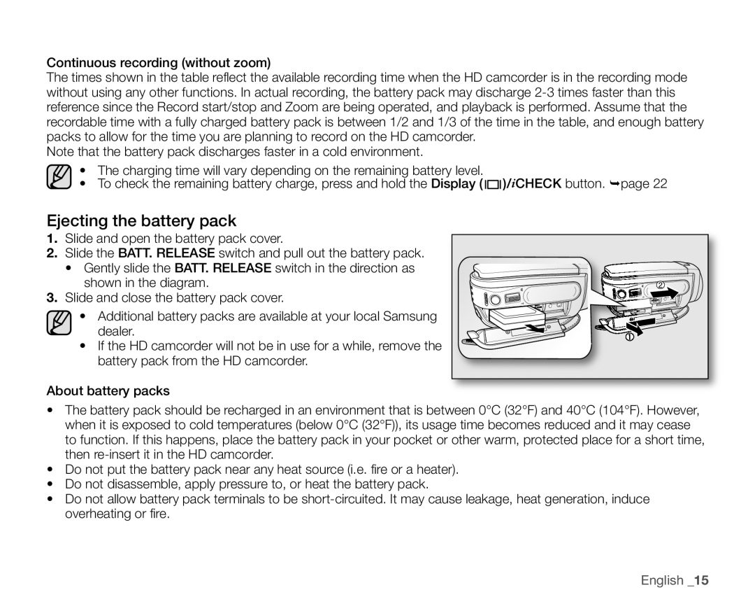 Samsung VP-HMX10N, VP-HMX10ED, VP-HMX10CN, VP-HMX10A user manual Ejecting the battery pack, English 