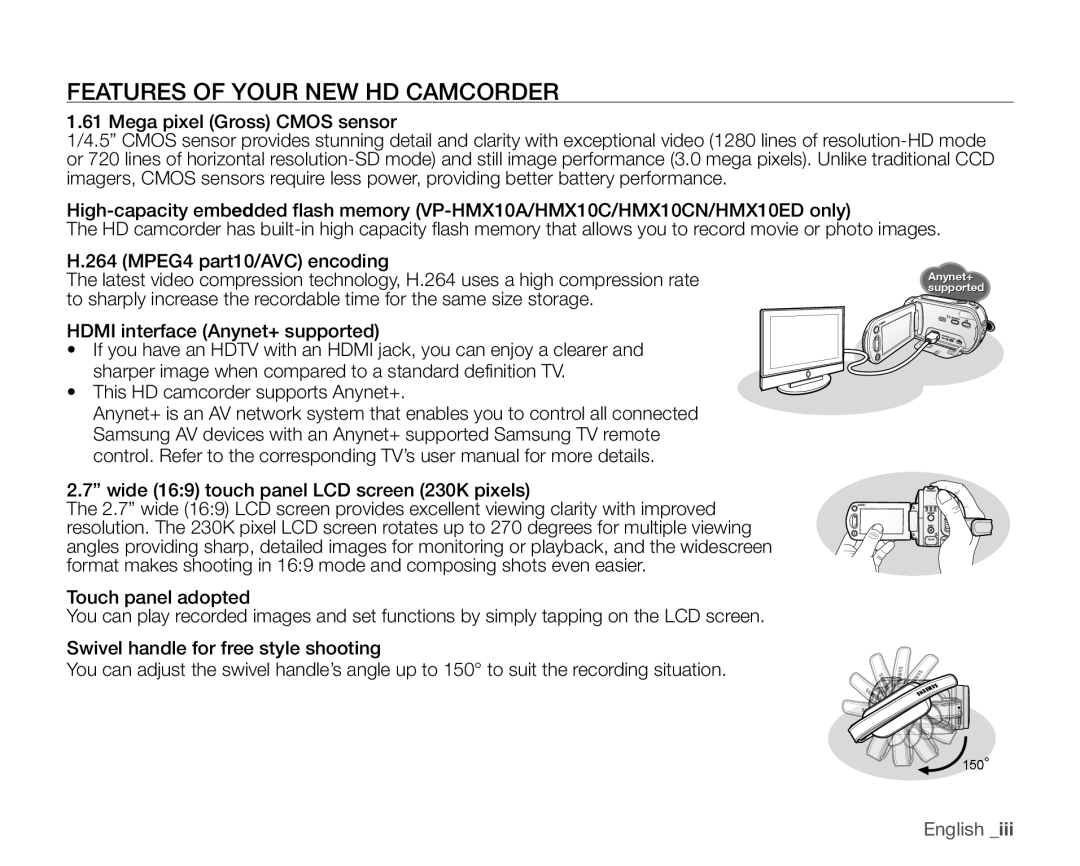 Samsung VP-HMX10ED, VP-HMX10CN, VP-HMX10A, VP-HMX10N user manual Features Of Your New Hd Camcorder, English 