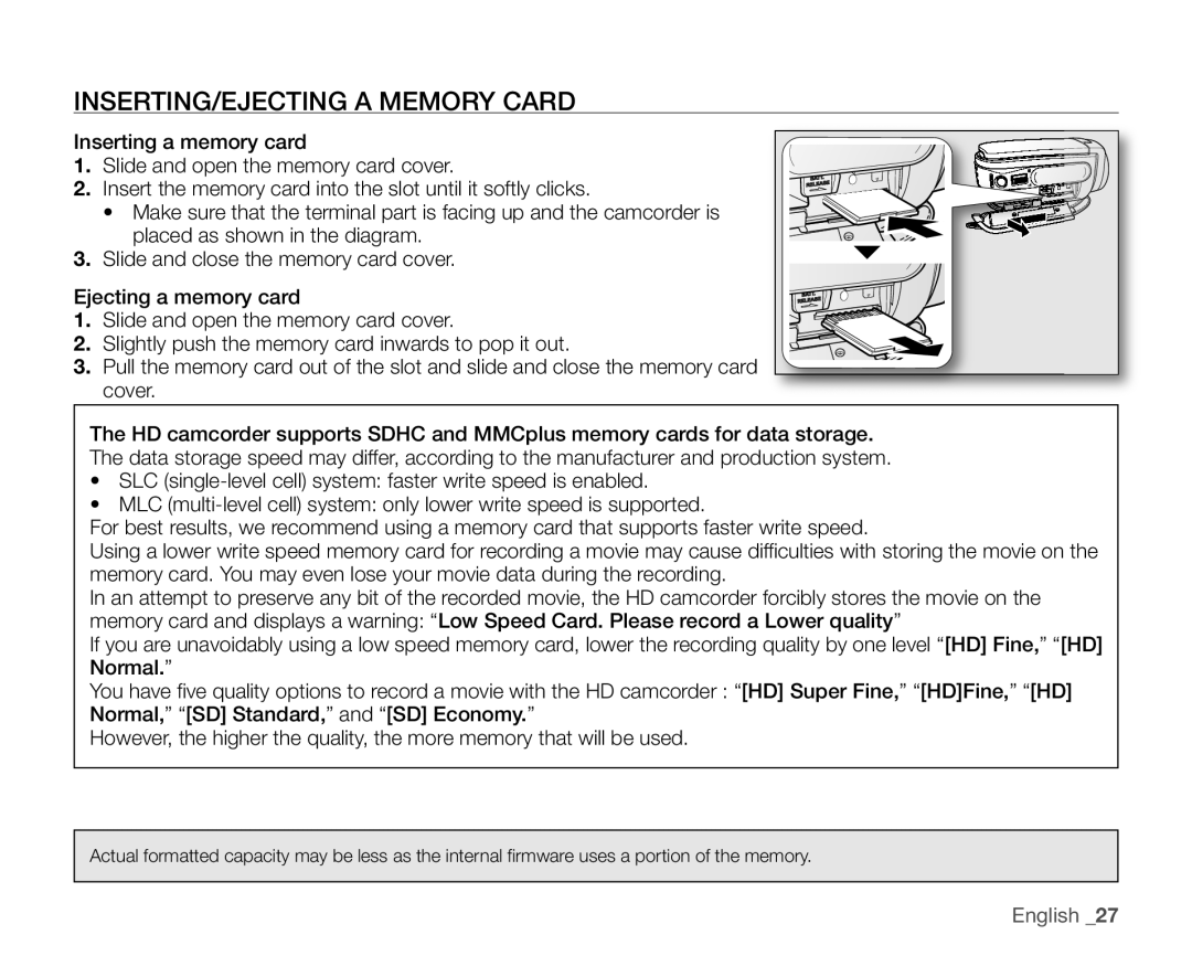 Samsung VP-HMX10N, VP-HMX10ED, VP-HMX10CN, VP-HMX10A user manual Inserting/Ejecting A Memory Card, English 