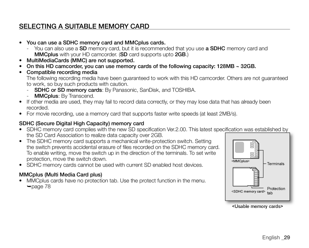 Samsung VP-HMX10ED, VP-HMX10CN, VP-HMX10A, VP-HMX10N user manual Selecting A Suitable Memory Card, English 