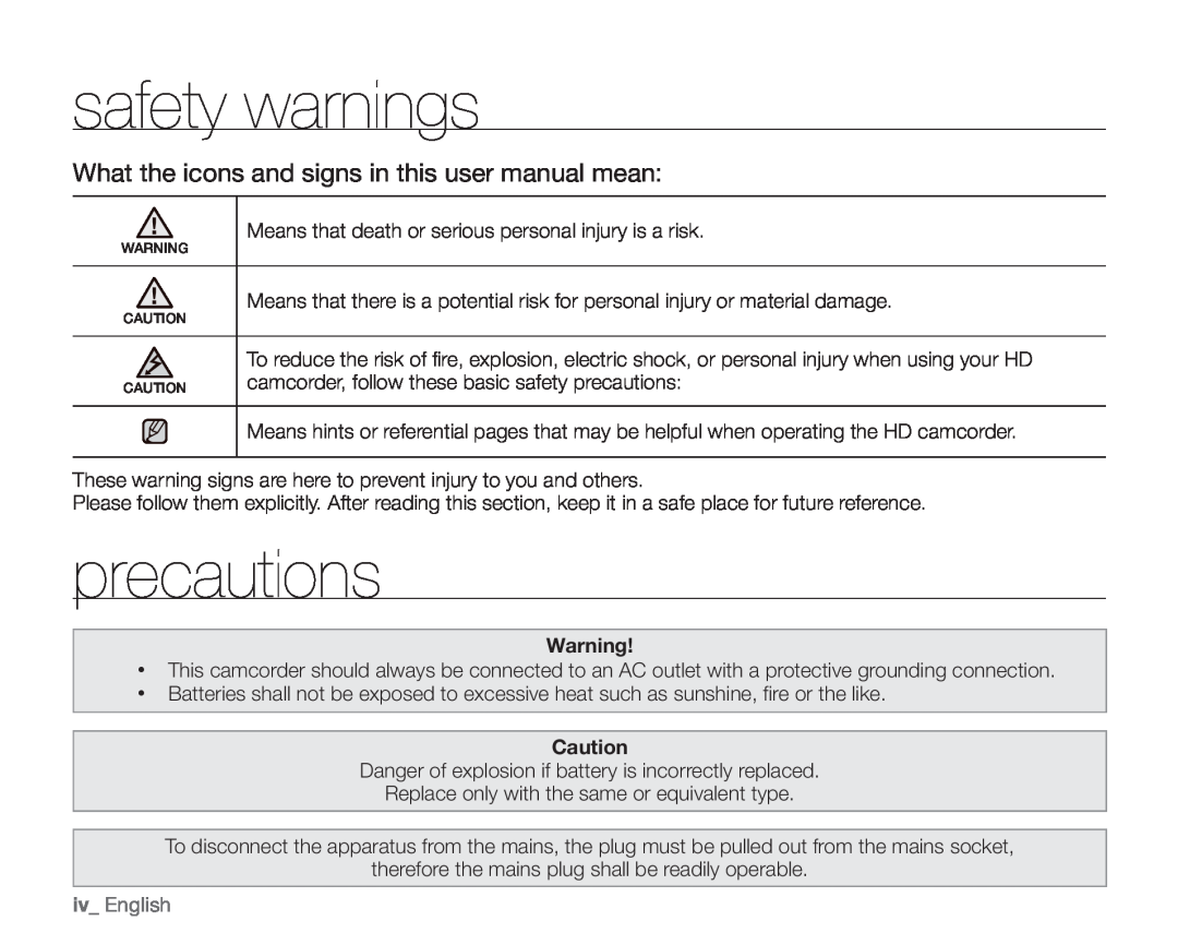 Samsung VP-HMX10A, VP-HMX10C safety warnings, precautions, What the icons and signs in this user manual mean, iv English 