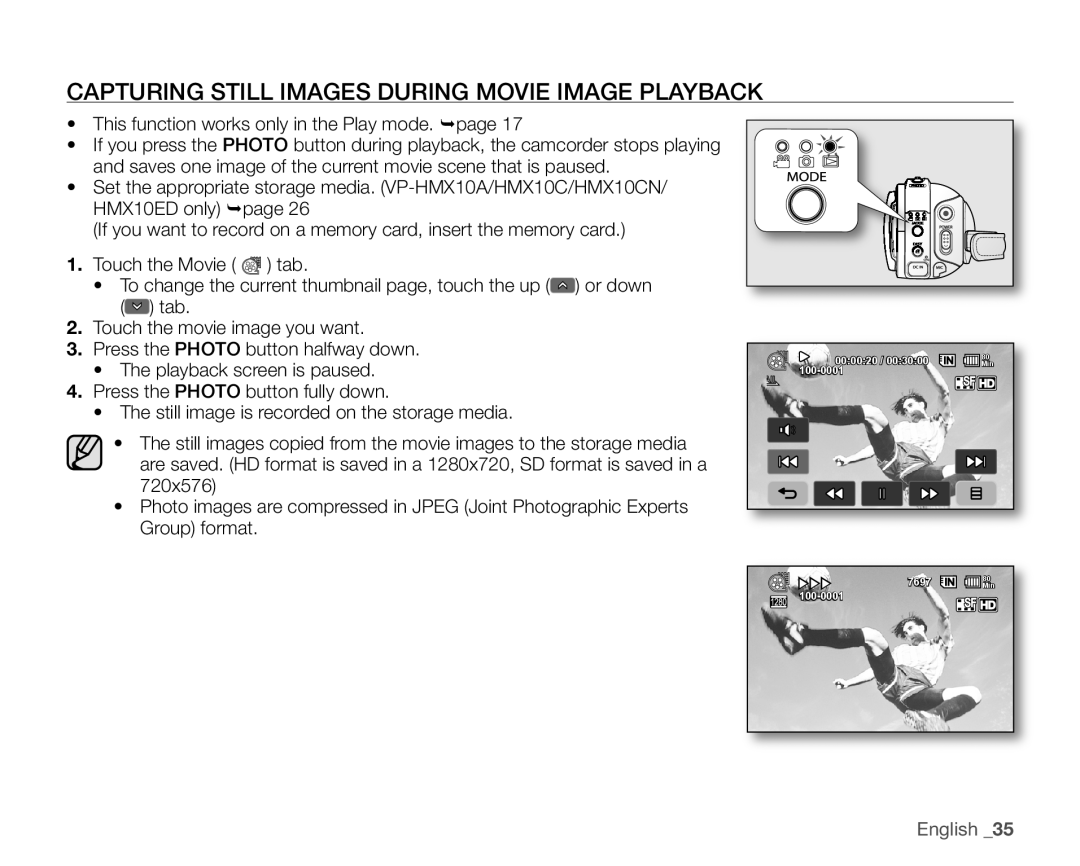 Samsung VP-HMX10ED, VP-HMX10CN, VP-HMX10A, VP-HMX10N Capturing Still Images During Movie Image Playback, English 