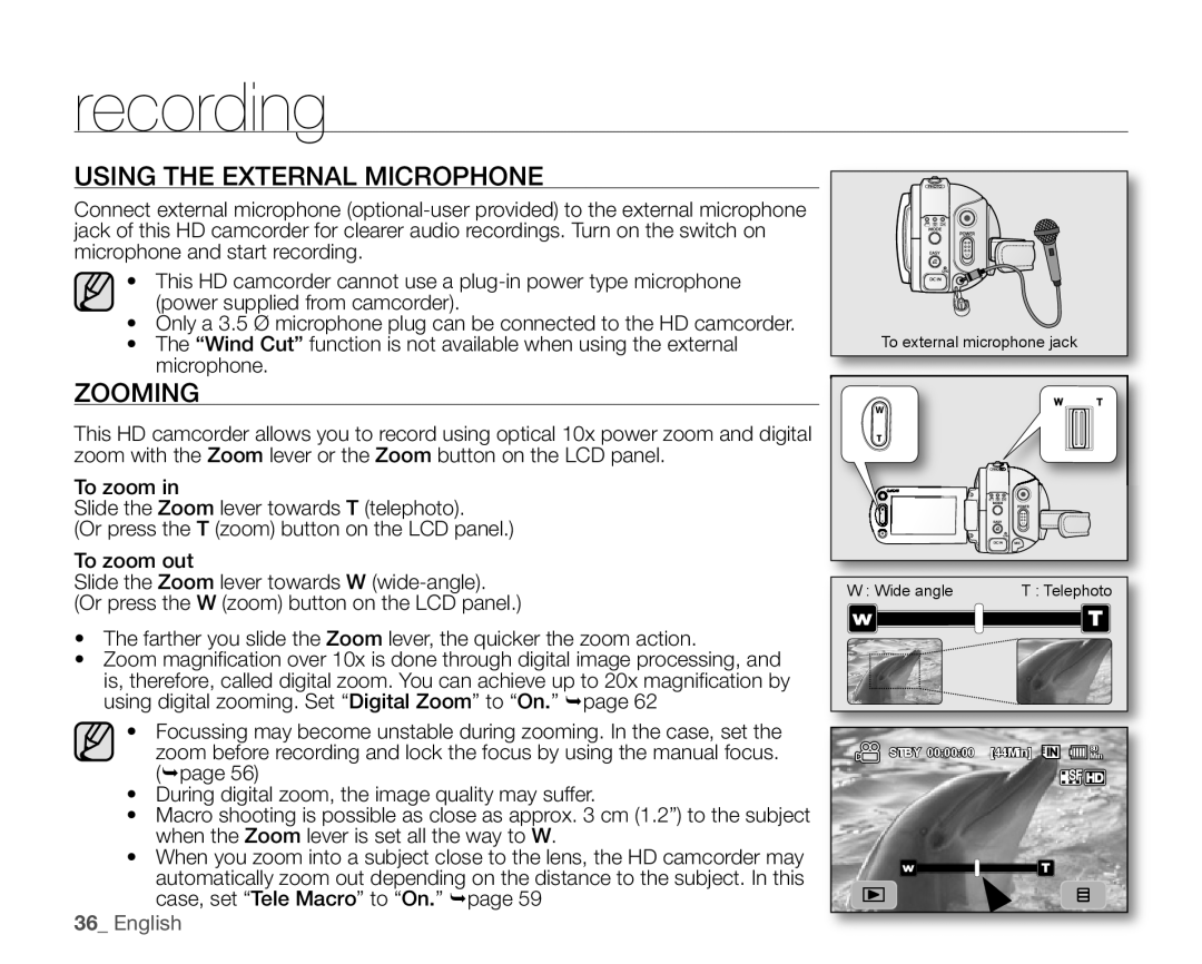 Samsung VP-HMX10CN, VP-HMX10ED, VP-HMX10A, VP-HMX10N user manual Using The External Microphone, Zooming, English, recording 