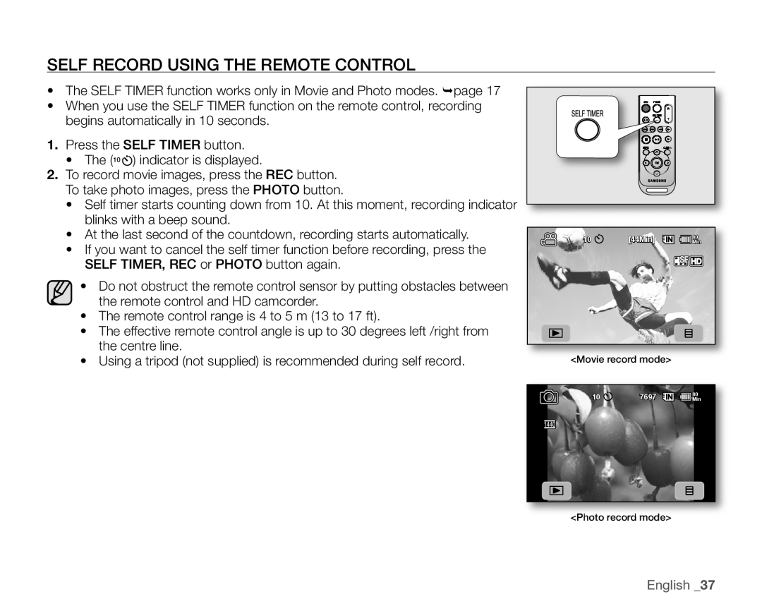 Samsung VP-HMX10ED, VP-HMX10CN, VP-HMX10A, VP-HMX10N user manual Self Record Using The Remote Control, English 