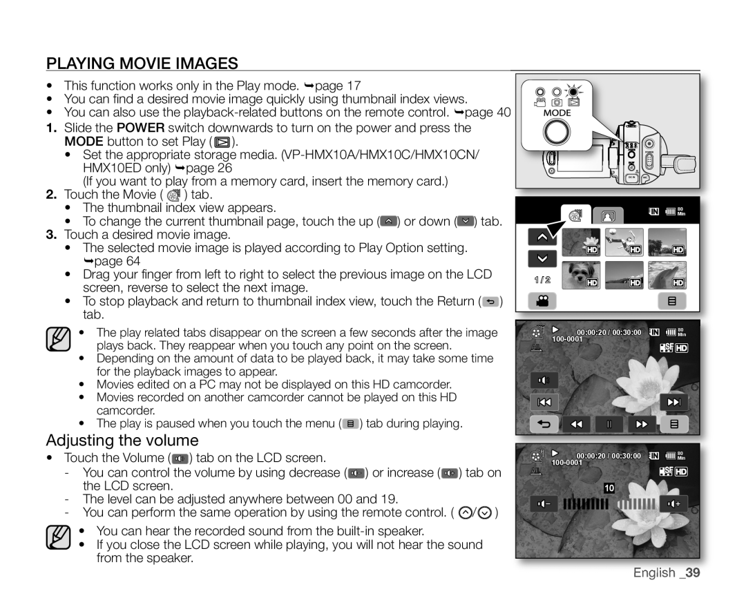 Samsung VP-HMX10N, VP-HMX10ED, VP-HMX10CN, VP-HMX10A user manual Playing Movie Images, Adjusting the volume, English 