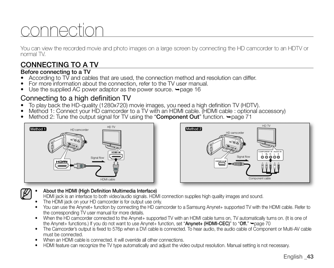 Samsung VP-HMX10ED, VP-HMX10CN, VP-HMX10A connection, Connecting To A Tv, Connecting to a high definition TV, English 