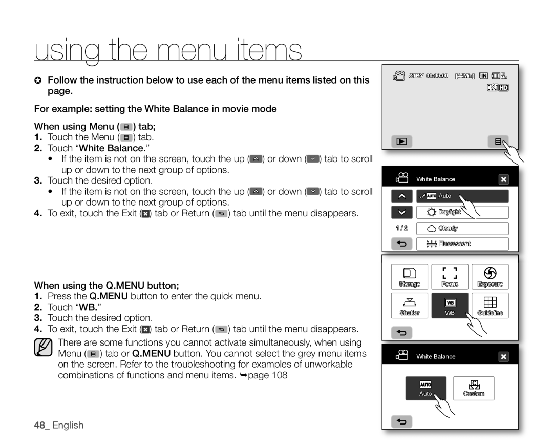 Samsung VP-HMX10CN, VP-HMX10A English, using the menu items, White Balance, Auto, Daylight, Cloudy, Storage Focus Exposure 