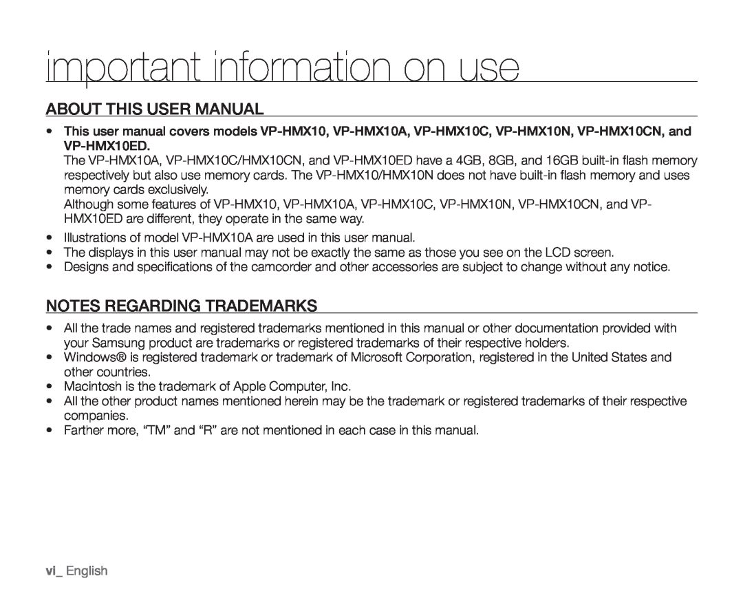 Samsung VP-HMX10C, VP-HMX10ED About This User Manual, Notes Regarding Trademarks, vi English, important information on use 