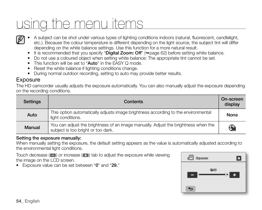 Samsung VP-HMX10CN, VP-HMX10ED, VP-HMX10A, VP-HMX10N user manual Exposure, English, using the menu items 