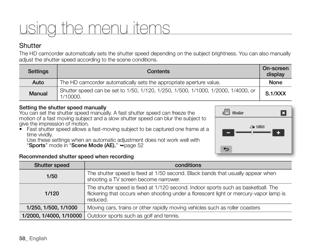 Samsung VP-HMX10ED, VP-HMX10CN, VP-HMX10A, VP-HMX10N user manual Shutter, English, using the menu items 