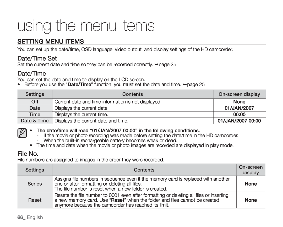 Samsung VP-HMX10CN, VP-HMX10ED, VP-HMX10A Setting Menu Items, Date/Time Set, File No, English, using the menu items 