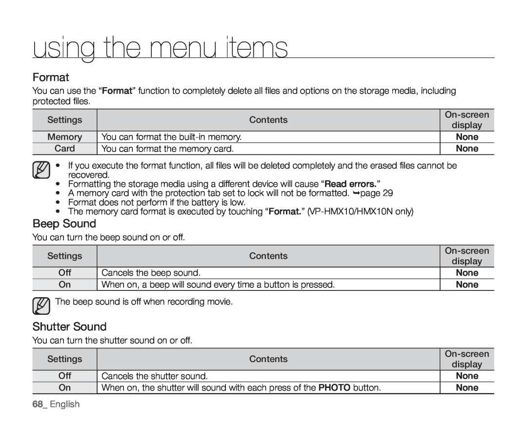 Samsung VP-HMX10A, VP-HMX10ED, VP-HMX10CN, VP-HMX10N Format, Beep Sound, Shutter Sound, English, using the menu items 