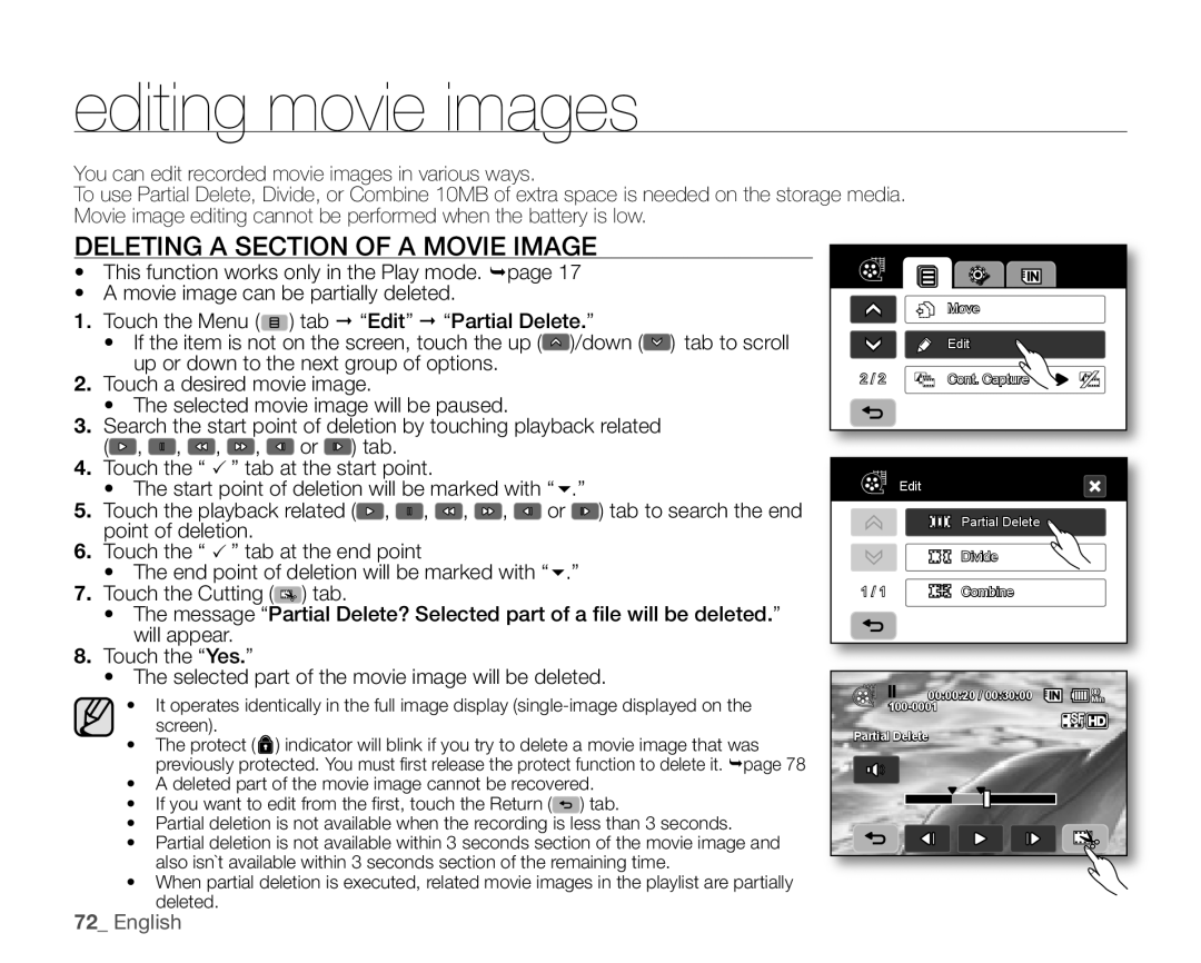 Samsung VP-HMX10CN, VP-HMX10ED, VP-HMX10A, VP-HMX10N editing movie images, Deleting A Section Of A Movie Image, English 