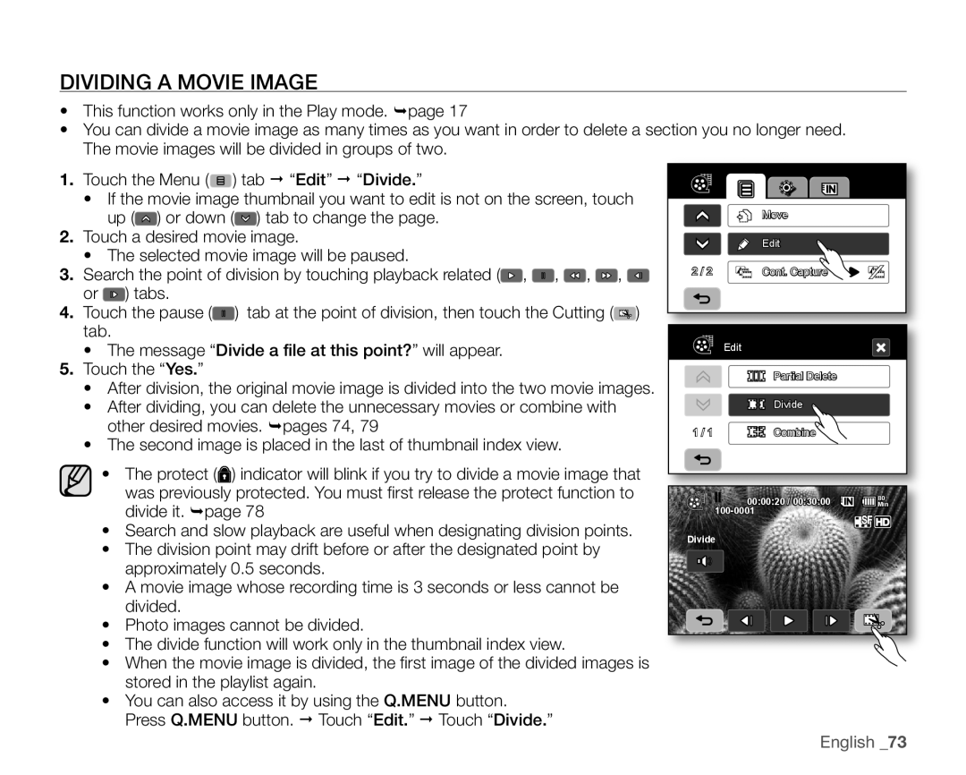 Samsung VP-HMX10ED, VP-HMX10CN, VP-HMX10A, VP-HMX10N user manual Dividing A Movie Image, English 