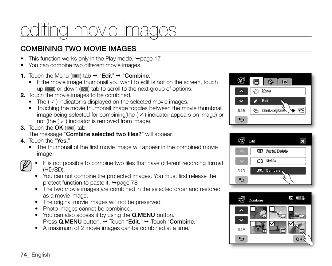 Samsung VP-HMX10A, VP-HMX10ED, VP-HMX10CN, VP-HMX10N user manual Combining Two Movie Images, English, editing movie images 