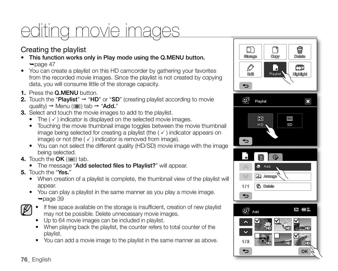Samsung VP-HMX10ED, VP-HMX10CN, VP-HMX10A, VP-HMX10N user manual Creating the playlist, English, editing movie images 