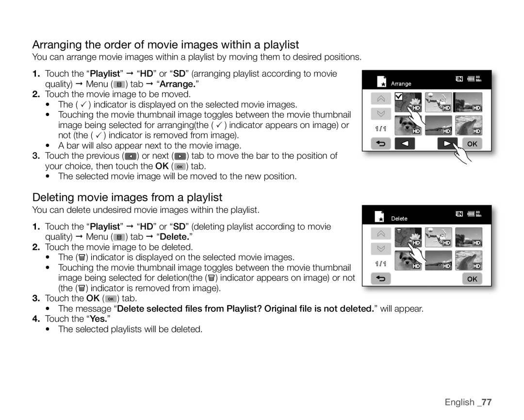Samsung VP-HMX10ED Arranging the order of movie images within a playlist, Deleting movie images from a playlist, English 