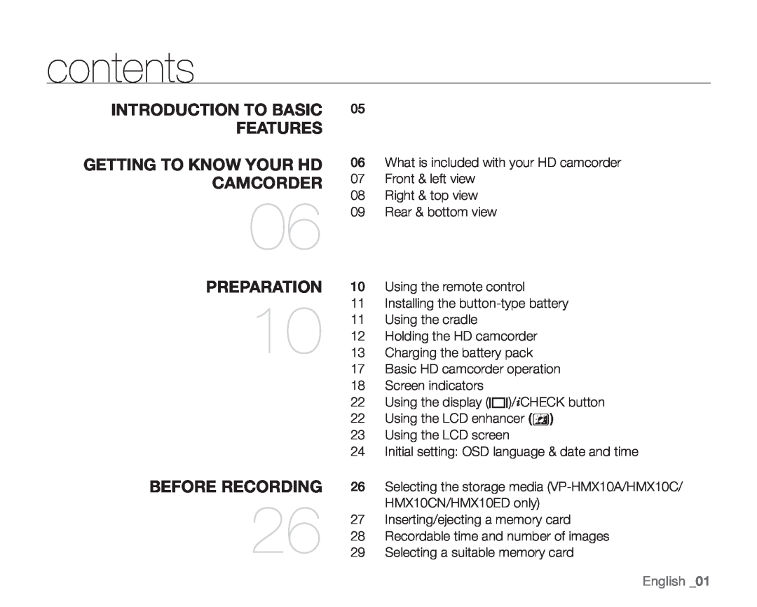 Samsung VP-HMX10 contents, Introduction To Basic Features Getting To Know Your Hd Camcorder, Preparation, Before Recording 