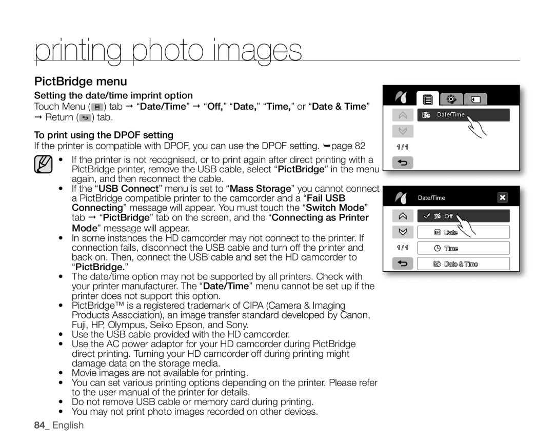 Samsung VP-HMX10CN, VP-HMX10ED, VP-HMX10A, VP-HMX10N user manual PictBridge menu, English, printing photo images 