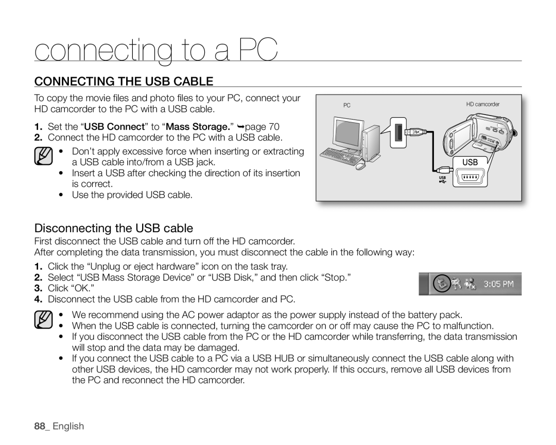 Samsung VP-HMX10C, VP-HMX10ED, VP-HMX10A Connecting The Usb Cable, Disconnecting the USB cable, English, connecting to a PC 