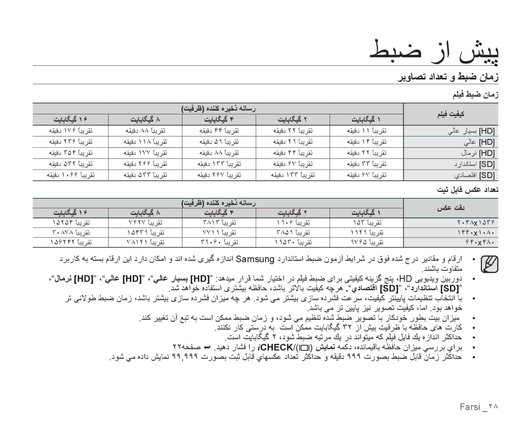 Samsung VP-HMX10C/AND, VP-HMX10C/KNT, VP-HMX10A/HAC, VP-HMX10A/KNT, VP-HMX10A/MEA manual ﺮﻳﻭﺎﺼﺗ ﺩﺍﺪﻌﺗ ﻭ ﻂﺒﺿ ﻥﺎﻣﺯ, ﻢﻠﻴﻓ ﻂﺒﺿ ﻥﺎﻣﺯ 