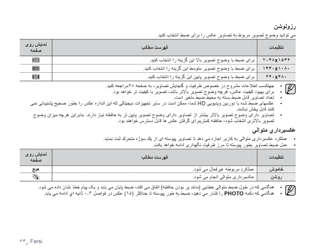 Samsung VP-HMX10C/HAC, VP-HMX10C/AND manual ﻦﺷﻮﻟﻭﺯﺭ, ﻲﻟﺍﻮﺘﻣ ﻱﺭﺍﺩﺮﺒﺴﻜﻋ, ١۴۴٠x١٠٨٠, یﻭﺭ ﺶﻳﺎﻤﻧ ﻪﺤﻔﺻ ﭻﻴﻫ, ﺐﻟﺎﻄﻣ ﺖﺳﺮﻬﻓ ﺕﺎﻤﻴﻈﻨﺗ 