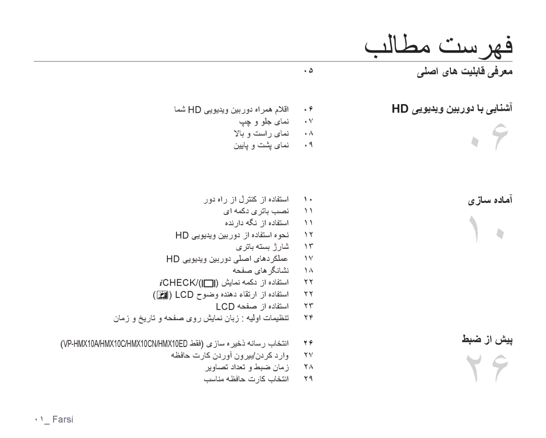 Samsung VP-HMX10C/AND manual ﺐﻟﺎﻄﻣ ﺖﺳﺮﻬﻓ, ﭗﭼ ﻭ ﻮﻠﺟ یﺎﻤﻧ ﻻﺎﺑ ﻭ ﺖﺳﺍﺭ یﺎﻤﻧ ﻦﻴﻳﺎﭘ ﻭ ﺖﺸﭘ یﺎﻤﻧ, Lcd ﺡﻮﺿﻭ ﻩﺪﻨﻫﺩ ءﺎﻘﺗﺭﺍ ﺯﺍ ﻩﺩﺎﻔﺘﺳﺍ 