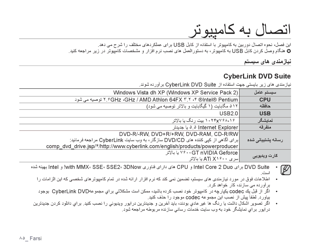 Samsung VP-HMX10A/KNT, VP-HMX10C/AND, VP-HMX10C/KNT ﺮﺗﻮﻴﭙﻣﺎﻛ ﻪﺑ ﻝﺎﺼﺗﺍ, ﻢﺘﺴﻴﺳ یﺎﻫ یﺪﻨﻣﺯﺎﻴﻧ CyberLink DVD Suite, ﻞﻣﺎﻋ ﻢﺘﺴﻴﺳ 