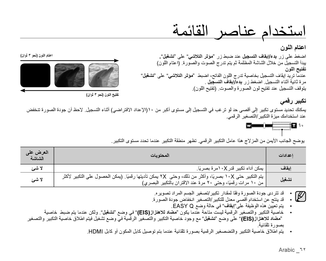 Samsung VP-HMX10C/MEA, VP-HMX10C/AND, VP-HMX10C/KNT, VP-HMX10A/HAC manual ﻥﻮﻠﻟﺍ ﻡﺎﺘﻋﺍ, ﻲﻤﻗﺭ ﺮﻴﺒﻜﺗ, ﻥﻮﻠﻟﺍ ﺢﻴﺘﻔﺗ, ﻰﻠﻋ ﺽﺮﻌﻟﺍ 