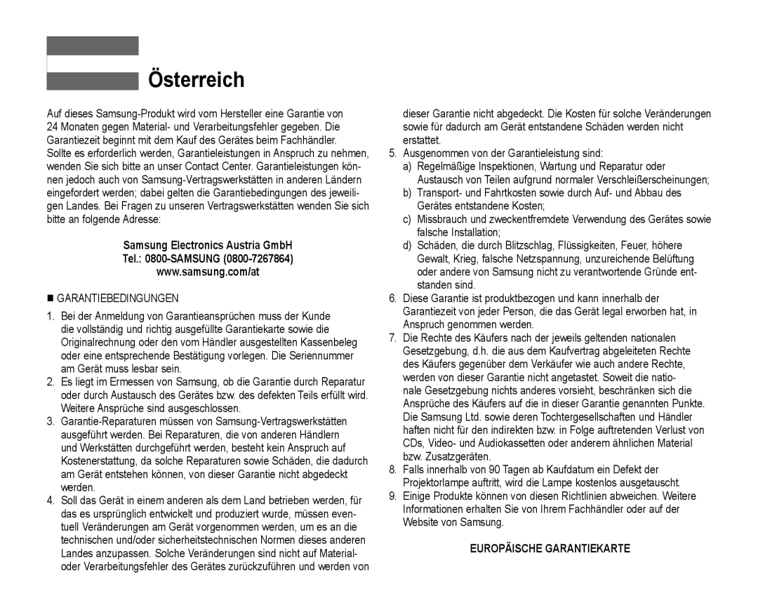 Samsung VP-HMX10C/XEO, VP-HMX10C/XEF, VP-HMX10C/XEE, VP-HMX10A/XEO Österreich, Samsung Electronics Austria GmbH Tel -SAMSUNG 