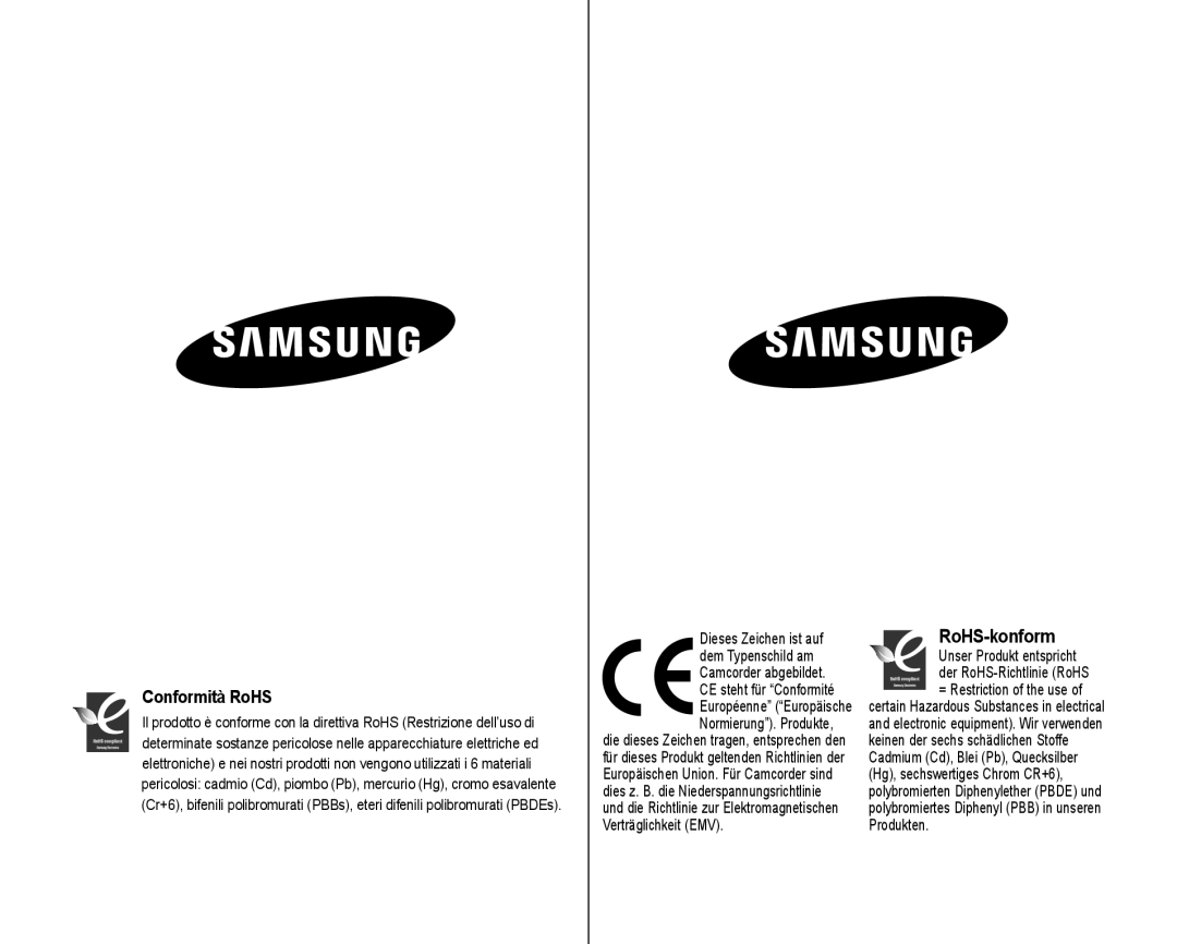 Samsung VP-HMX10/XEO, VP-HMX10C/XEF, VP-HMX10C/XEE, VP-HMX10C/XEO, VP-HMX10A/XEO manual RoHS-konform, Conformità RoHS 