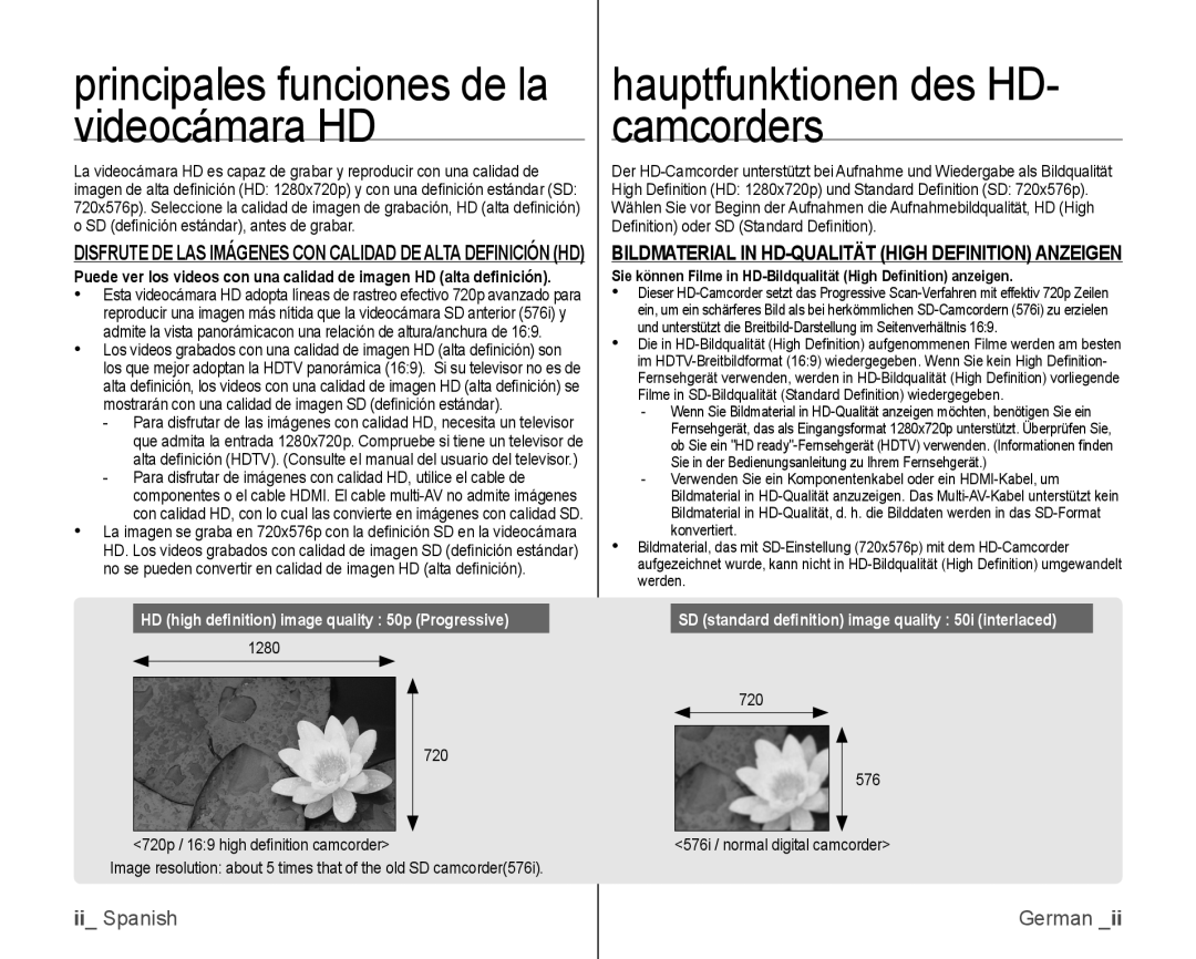 Samsung VP-HMX10C/XEO, VP-HMX10C/XEF manual Principales funciones de la videocámara HD, Hauptfunktionen des HD- camcorders 