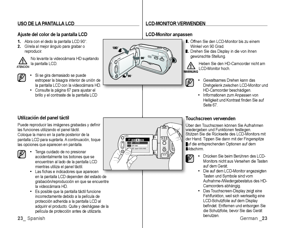 Samsung VP-HMX10C/XEE, VP-HMX10C/XEF, VP-HMX10C/XEO, VP-HMX10A/XEO manual USO DE LA Pantalla LCD, LCD-MONITOR Verwenden 