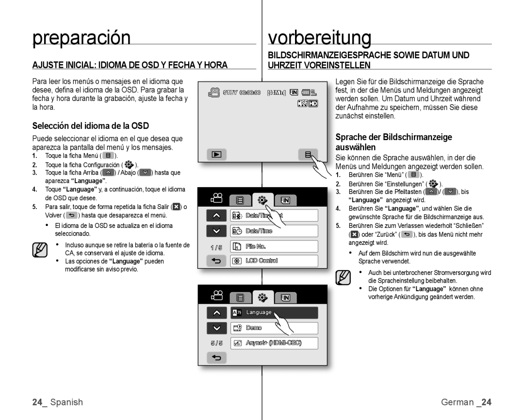 Samsung VP-HMX10C/XEO, VP-HMX10C/XEF manual Ajuste Inicial Idioma DE OSD Y Fecha Y Hora, Selección del idioma de la OSD 