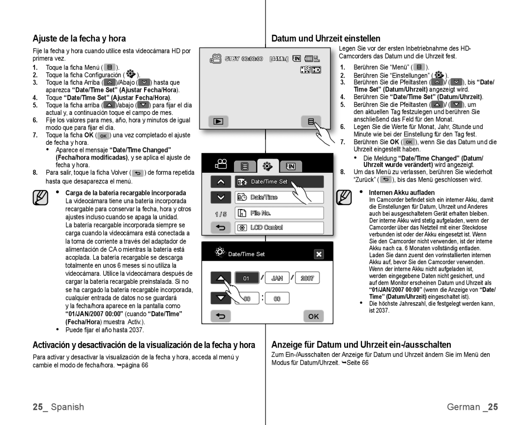 Samsung VP-HMX10A/XEO, VP-HMX10C/XEF, VP-HMX10C/XEE, VP-HMX10C/XEO Ajuste de la fecha y hora, Datum und Uhrzeit einstellen 