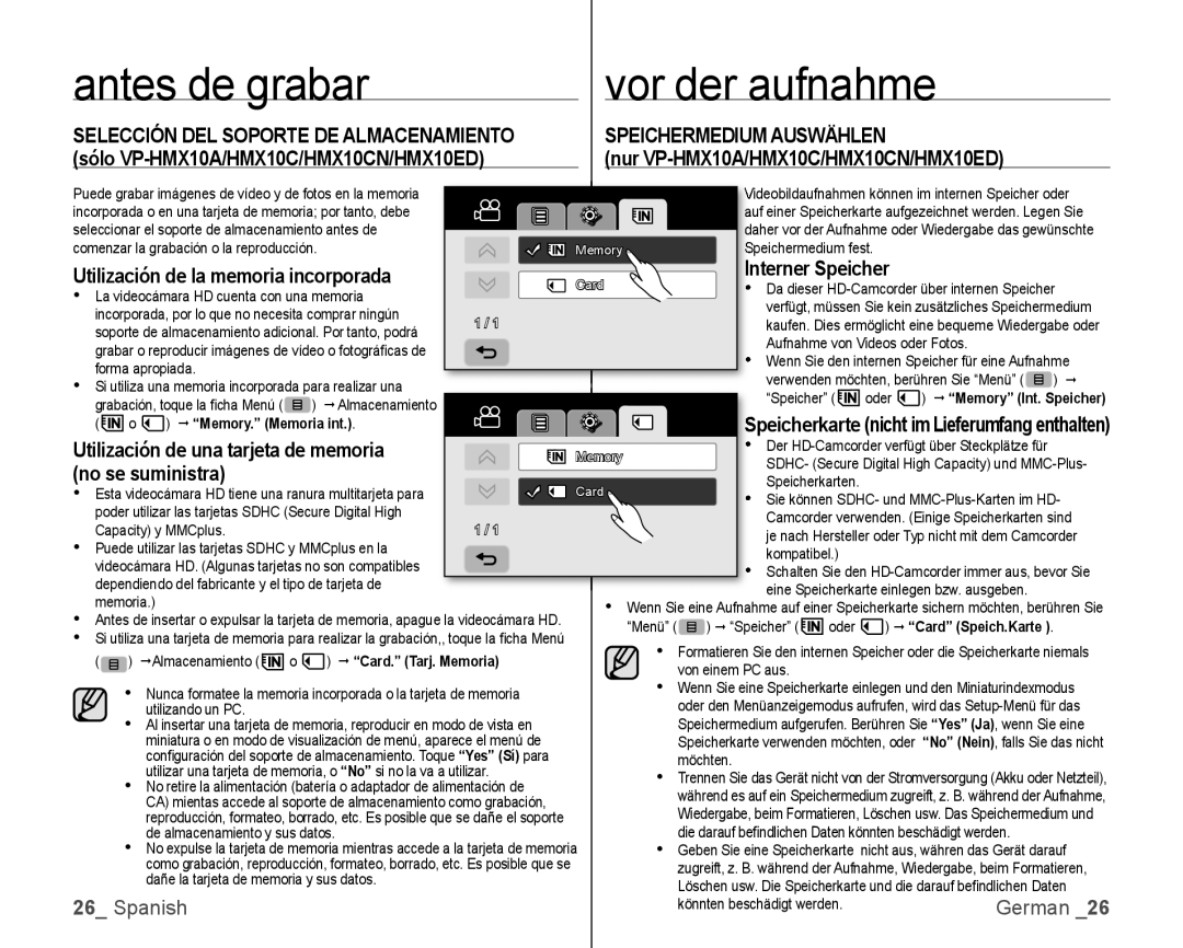 Samsung VP-HMX10/XEO Antes de grabar, Vor der aufnahme, Speichermedium Auswählen, Nur VP-HMX10A/HMX10C/HMX10CN/HMX10ED 