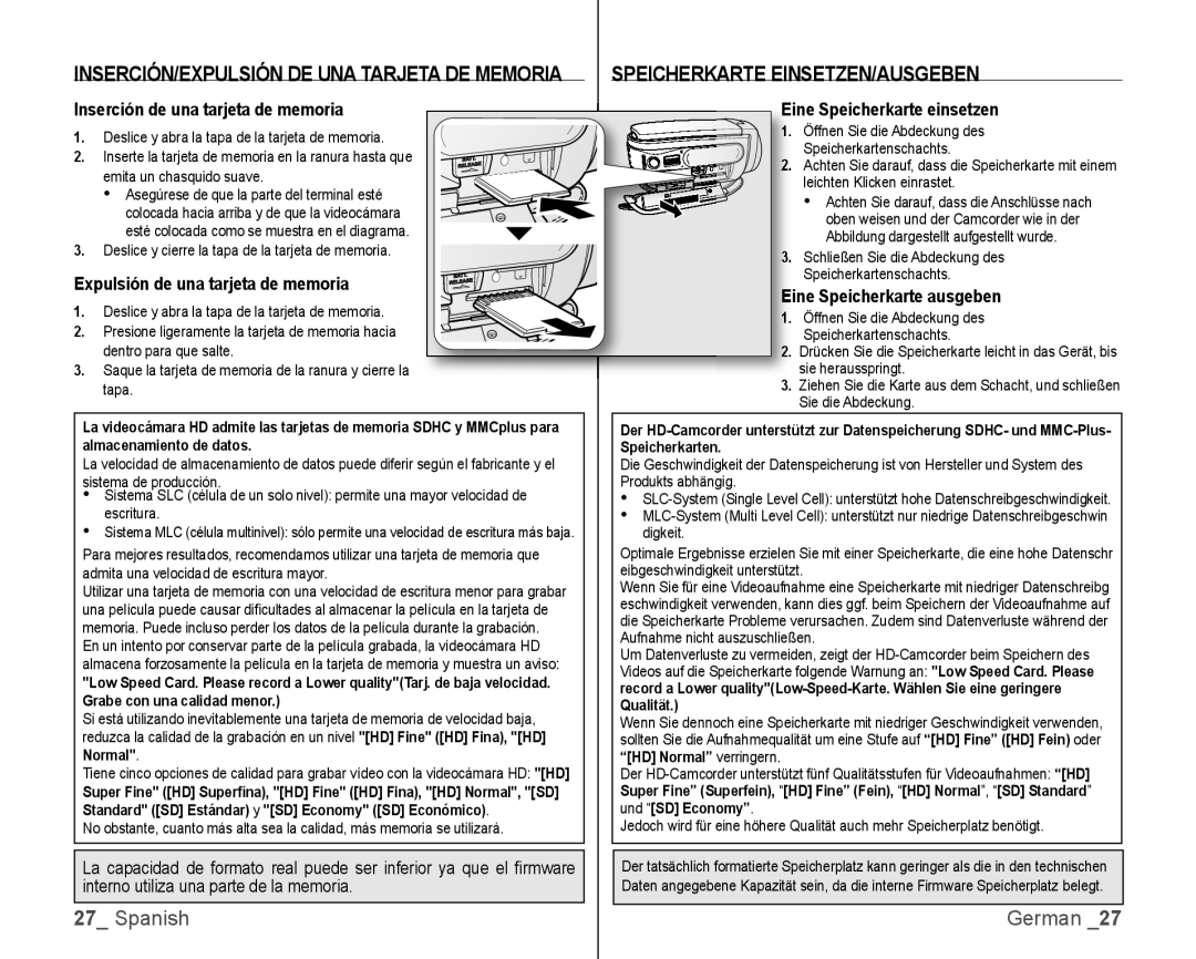 Samsung VP-HMX10C/XEF, VP-HMX10C/XEE manual Speicherkarte EINSETZEN/AUSGEBEN, INSERCIÓN/EXPULSIÓN DE UNA Tarjeta DE Memoria 