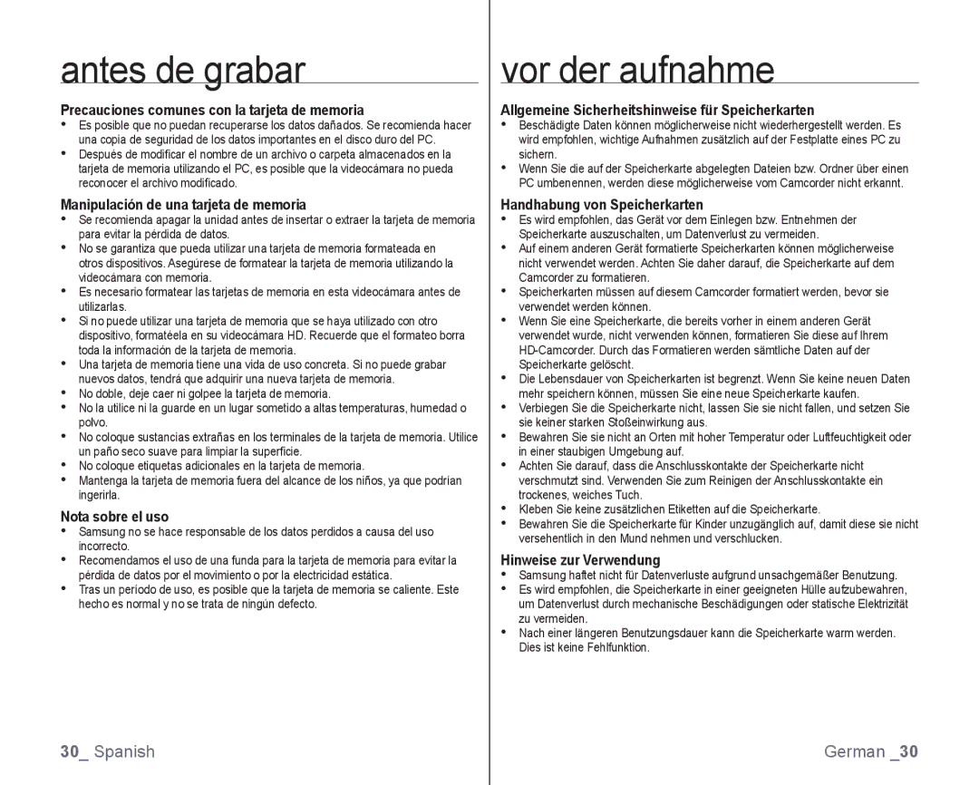 Samsung VP-HMX10A/XEO, VP-HMX10/XEO Precauciones comunes con la tarjeta de memoria, Manipulación de una tarjeta de memoria 