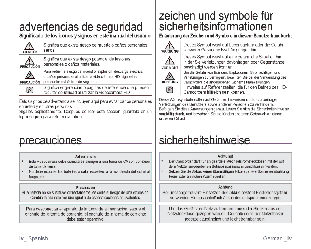 Samsung VP-HMX10/XEO manual Precauciones, Sicherheitshinweise, Serios, Signiﬁca que existe riesgo potencial de lesiones 