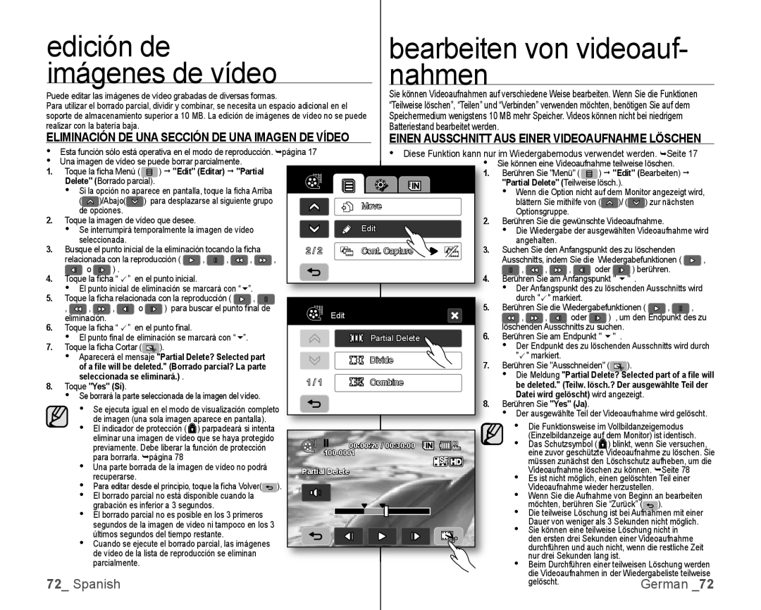 Samsung VP-HMX10C/XEF Edición de, Imágenes de vídeo, Seite, Partial Delete Teilweise lösch, Seleccionada se eliminará 